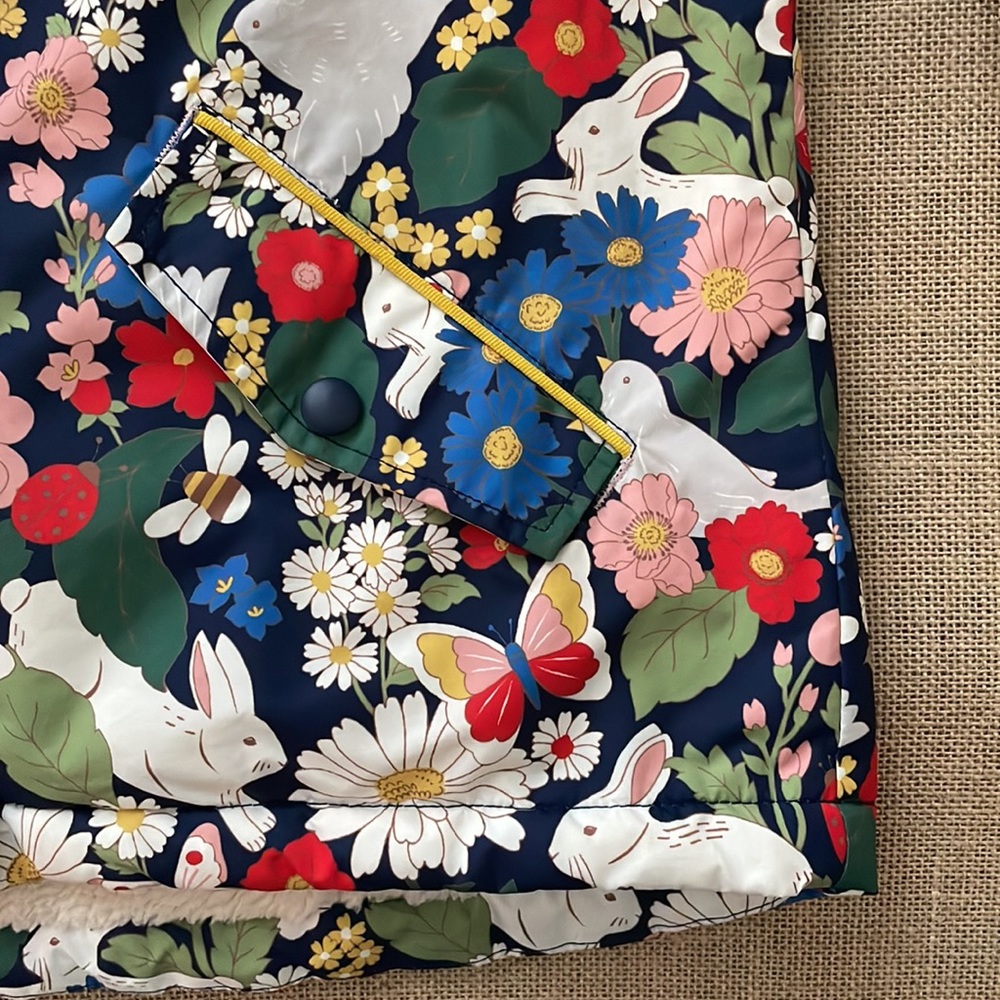 EUC Mini Boden water repellant fleece lined anorak, bunny butterfly bee floral - Picture 2 of 10